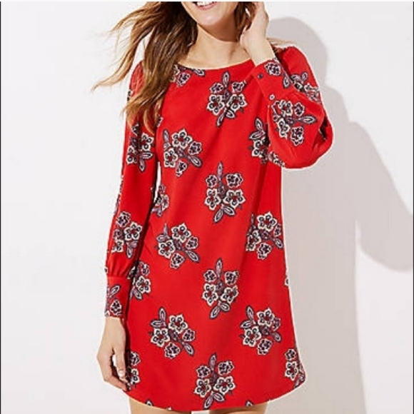 LOFT Dresses & Skirts - LOFT Red Floral Long Sleeve Shift Dress
